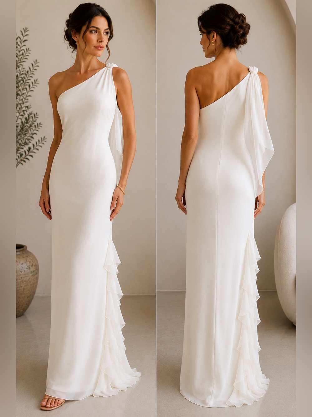 Pamella Roland One-Shoulder soft white Evening Gown with side ruffle chiffon